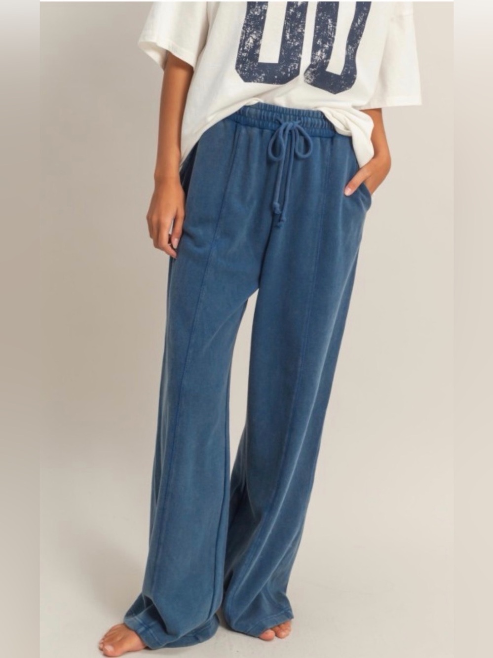 Double Zero Relaxed Wide-Leg Drawstring Pants in Dusty Blue